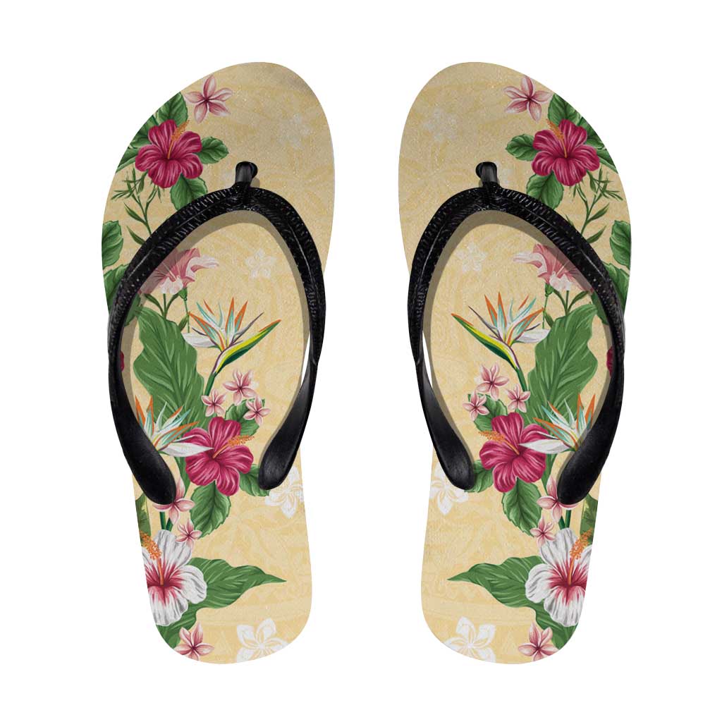 Hawaii Tropical Flowers Flip Flops Polynesian Tattoo Buttermilk LT05 Beige - Polynesian Pride