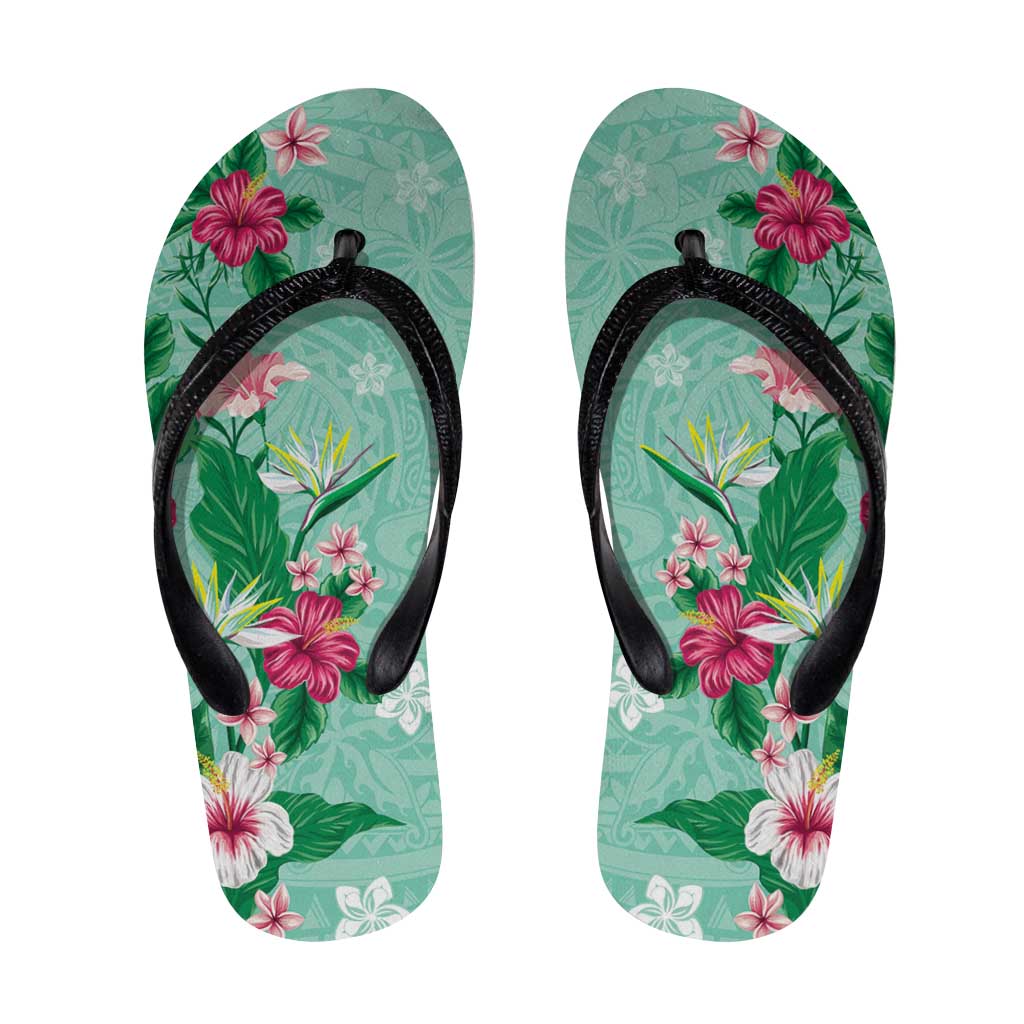 Hawaii Tropical Flowers Flip Flops Polynesian Tattoo Mint Green LT05 Green - Polynesian Pride