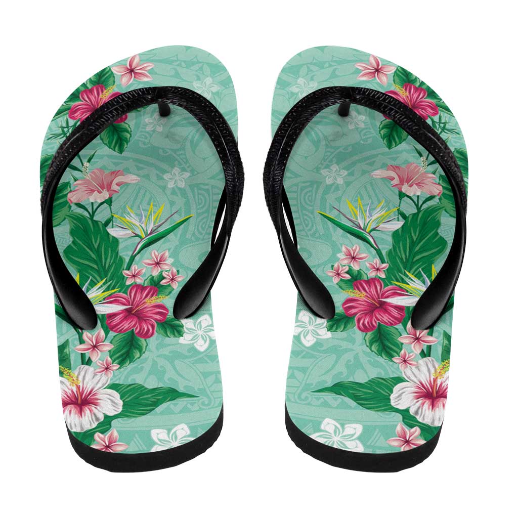 Hawaii Tropical Flowers Flip Flops Polynesian Tattoo Mint Green LT05 - Polynesian Pride