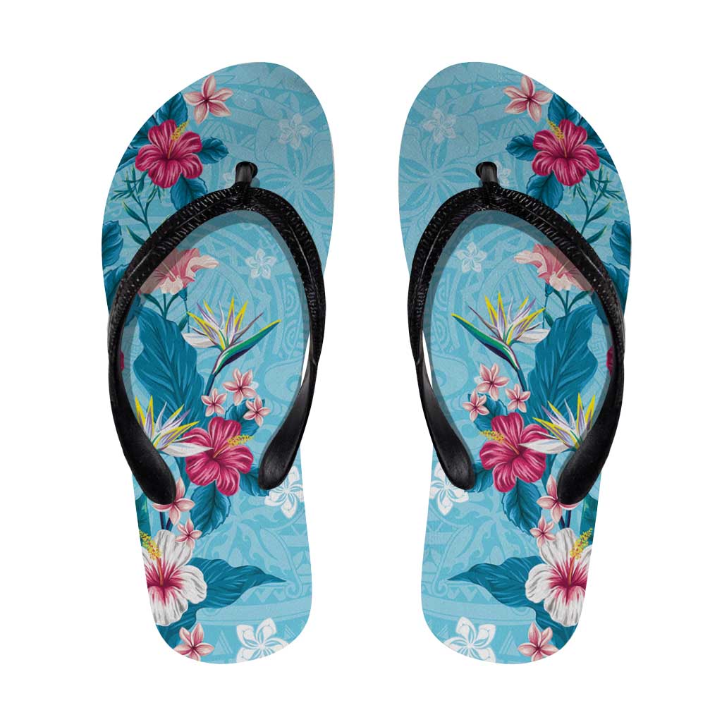Hawaii Tropical Flowers Flip Flops Polynesian Tattoo Sky Blue LT05 Blue - Polynesian Pride