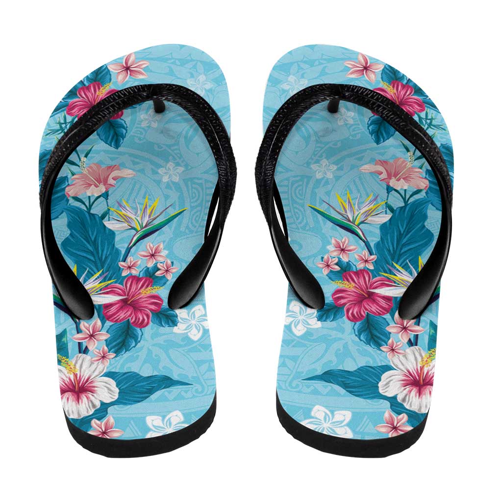 Hawaii Tropical Flowers Flip Flops Polynesian Tattoo Sky Blue