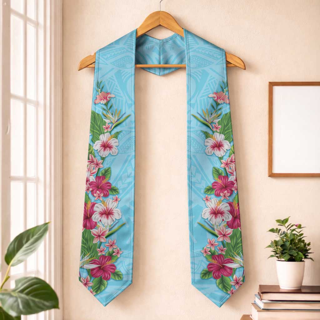 Hawaii Tropical Flowers Graduation Stole Sky Blue Polynesian Tattoo Art LT05 One Size Blue - Polynesian Pride