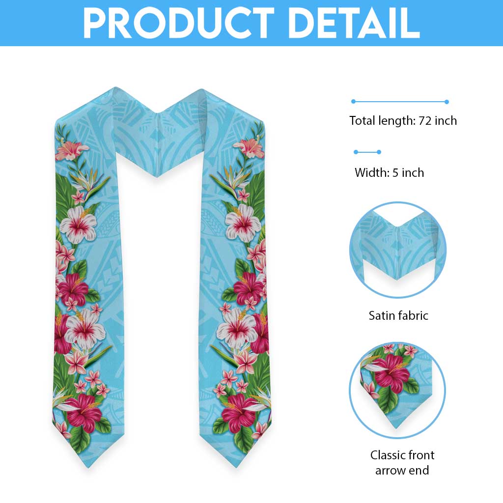 Hawaii Tropical Flowers Graduation Stole Sky Blue Polynesian Tattoo Art LT05 - Polynesian Pride
