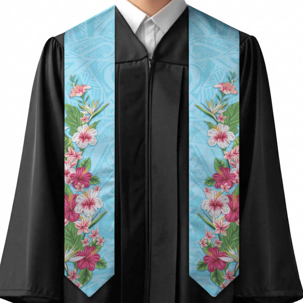 Hawaii Tropical Flowers Graduation Stole Sky Blue Polynesian Tattoo Art LT05 - Polynesian Pride