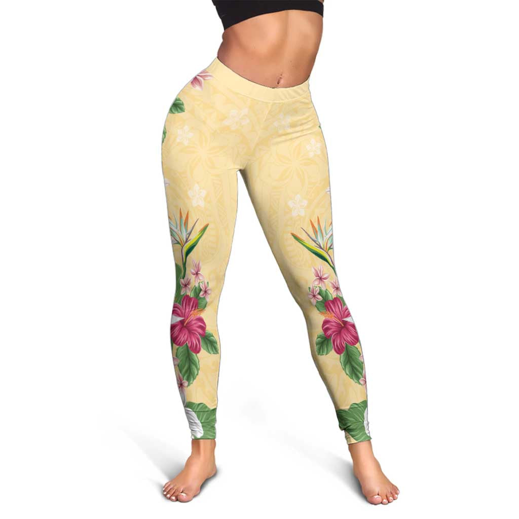 Hawaii Tropical Flowers Leggings Polynesian Tattoo Buttermilk LT05 - Polynesian Pride