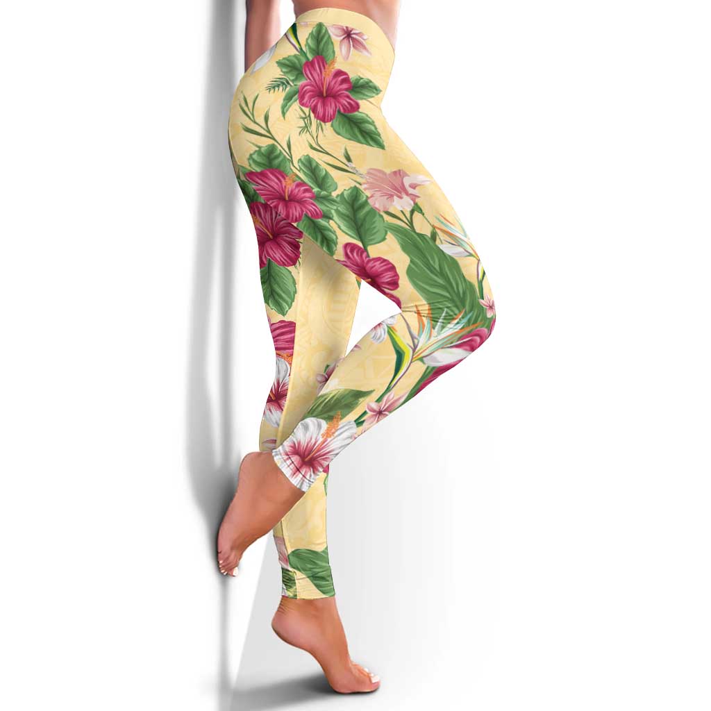 Hawaii Tropical Flowers Leggings Polynesian Tattoo Buttermilk LT05 - Polynesian Pride