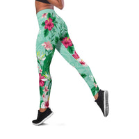 Hawaii Tropical Flowers Leggings Polynesian Tattoo Mint Green LT05 Green - Polynesian Pride