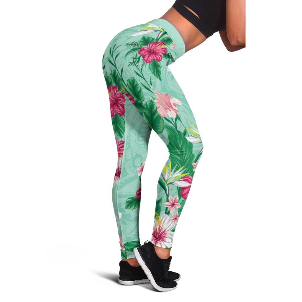 Hawaii Tropical Flowers Leggings Polynesian Tattoo Mint Green LT05 - Polynesian Pride