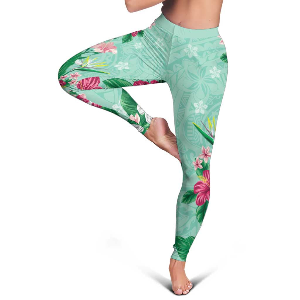 Hawaii Tropical Flowers Leggings Polynesian Tattoo Mint Green LT05 - Polynesian Pride
