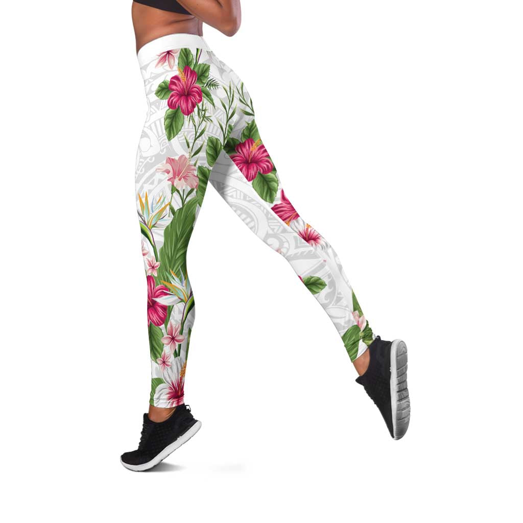Hawaii Tropical Flowers Leggings Polynesian Tattoo White LT05 White - Polynesian Pride