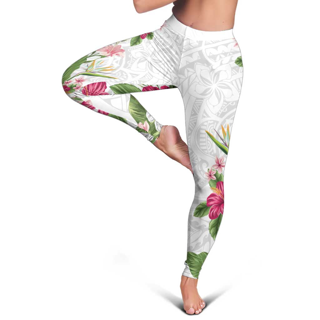 Hawaii Tropical Flowers Leggings Polynesian Tattoo White LT05 - Polynesian Pride