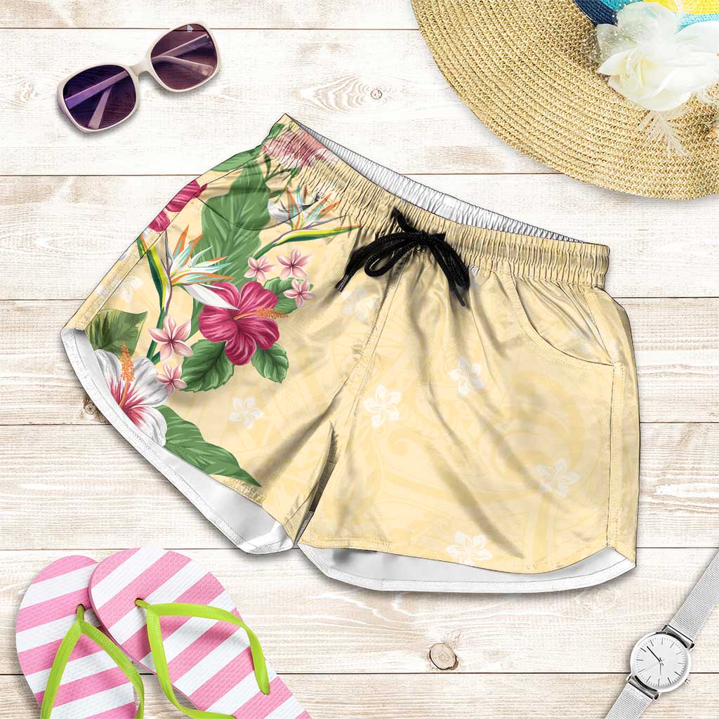 Hawaii Tropical Flowers Shorts for Women Polynesian Tattoo Buttermilk LT05 Beige - Polynesian Pride