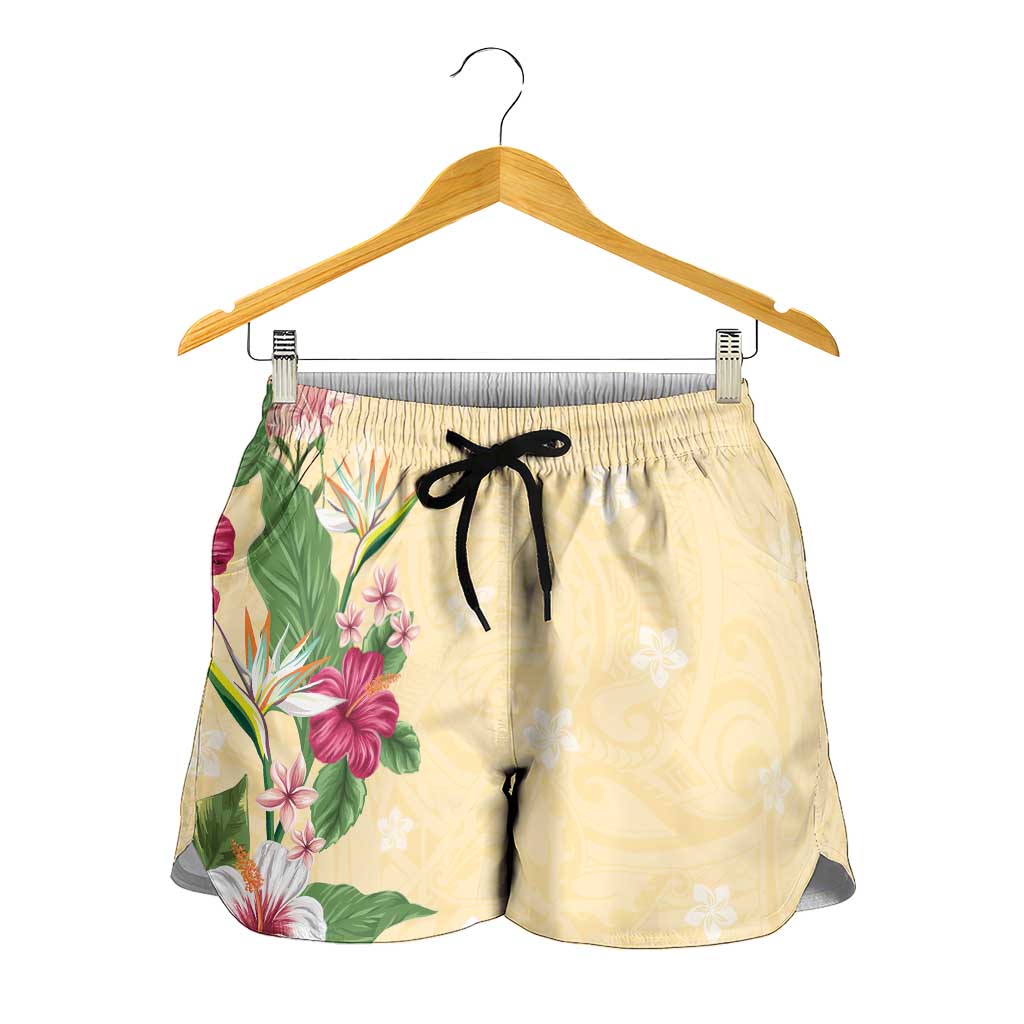 Hawaii Tropical Flowers Shorts for Women Polynesian Tattoo Buttermilk LT05 - Polynesian Pride