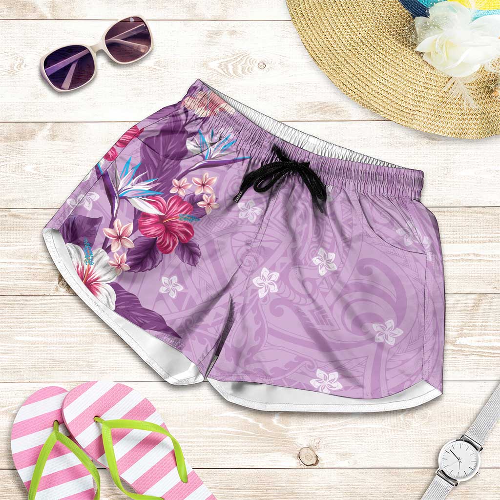 Hawaii Tropical Flowers Shorts for Women Polynesian Tattoo Lavender LT05 Lavender - Polynesian Pride