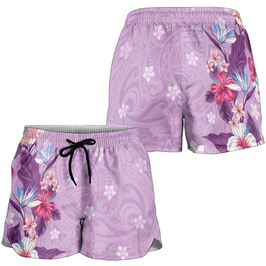 Hawaii Tropical Flowers Shorts for Women Polynesian Tattoo Lavender LT05 - Polynesian Pride