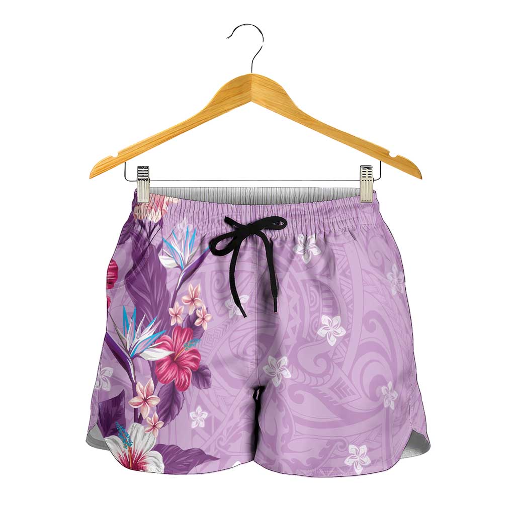 Hawaii Tropical Flowers Shorts for Women Polynesian Tattoo Lavender LT05 - Polynesian Pride
