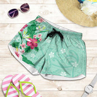 Hawaii Tropical Flowers Shorts for Women Polynesian Tattoo Mint Green LT05 Green - Polynesian Pride