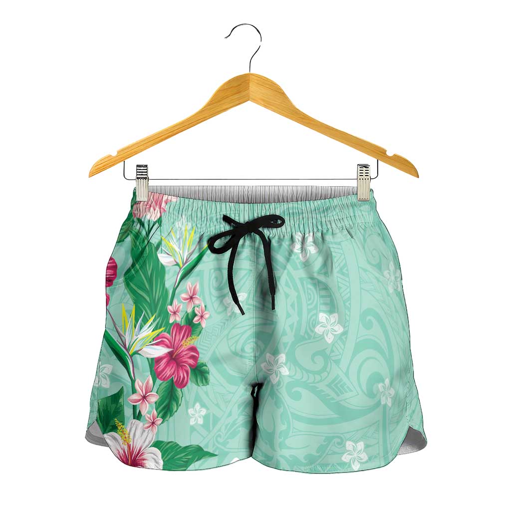 Hawaii Tropical Flowers Shorts for Women Polynesian Tattoo Mint Green LT05 - Polynesian Pride