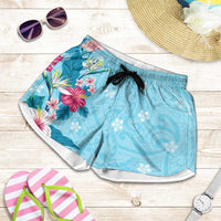 Hawaii Tropical Flowers Shorts for Women Polynesian Tattoo Sky Blue LT05 Blue - Polynesian Pride