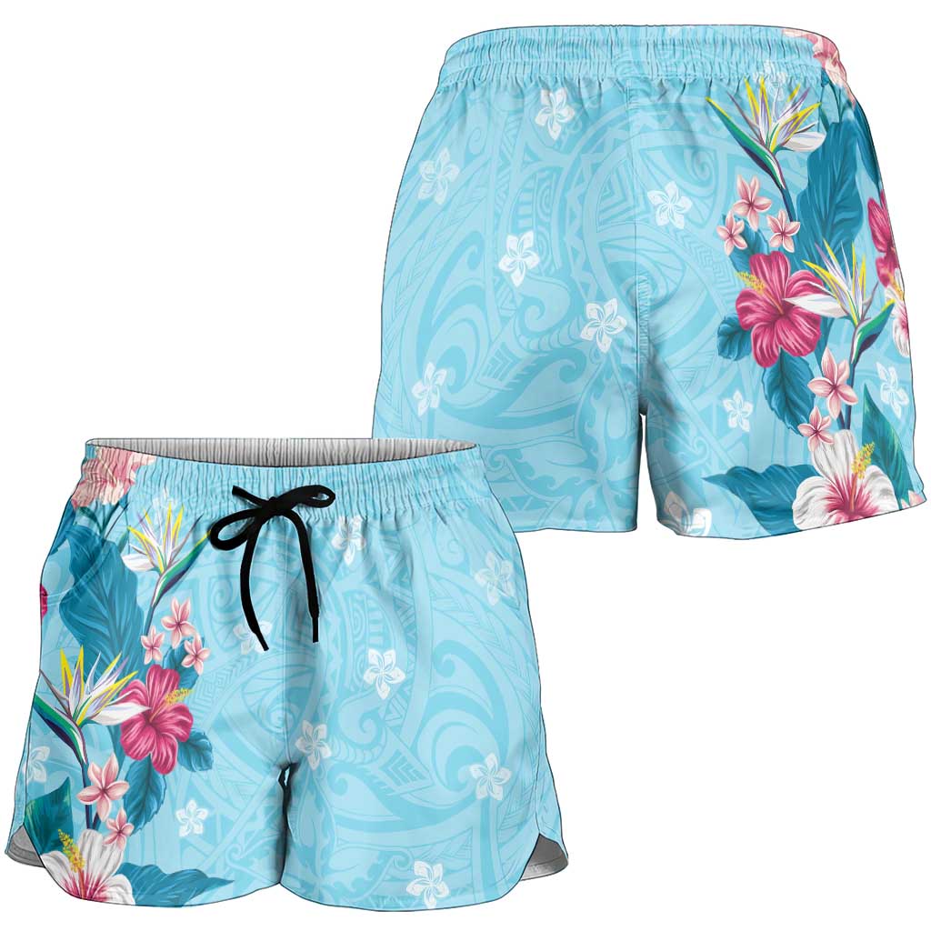 Hawaii Tropical Flowers Shorts for Women Polynesian Tattoo Sky Blue LT05 - Polynesian Pride