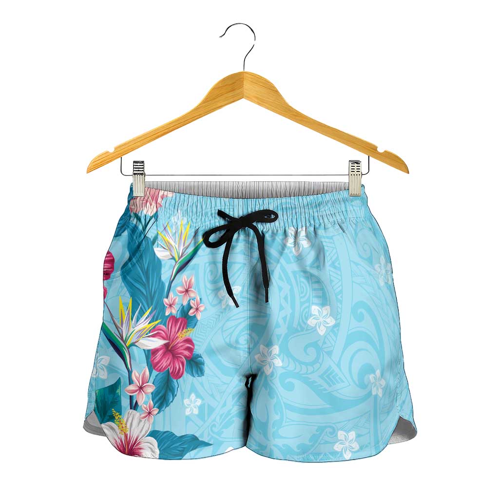 Hawaii Tropical Flowers Shorts for Women Polynesian Tattoo Sky Blue LT05 - Polynesian Pride