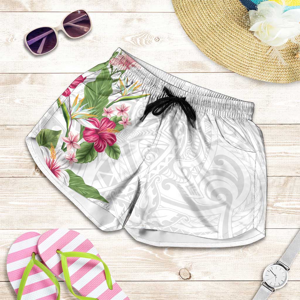 Hawaii Tropical Flowers Shorts for Women Polynesian Tattoo White LT05 White - Polynesian Pride