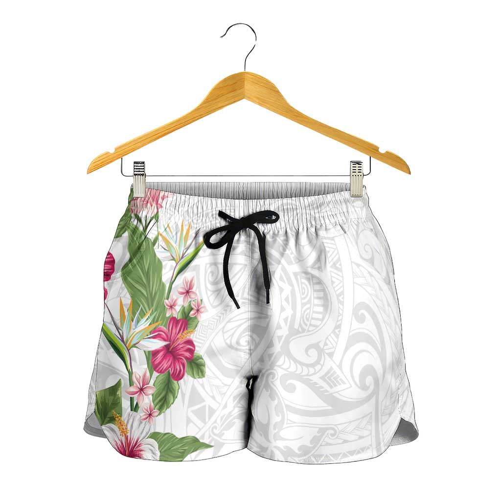 Hawaii Tropical Flowers Shorts for Women Polynesian Tattoo White LT05 - Polynesian Pride