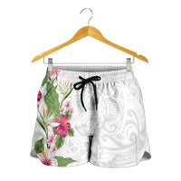 Hawaii Tropical Flowers Shorts for Women Polynesian Tattoo White LT05 - Polynesian Pride