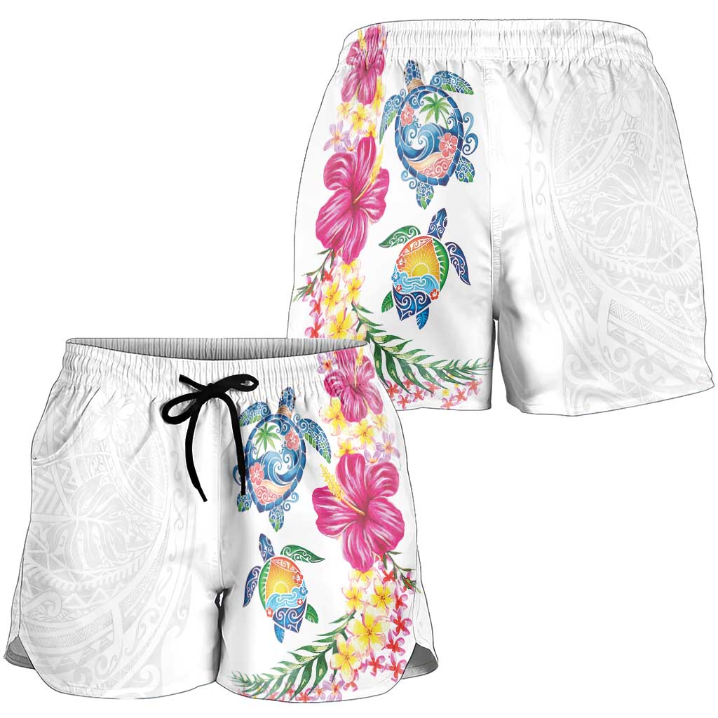 Hawaiian Abstract Art Turtles Shorts for Women with Plumeria and Hibiscus - Polynesian Pride