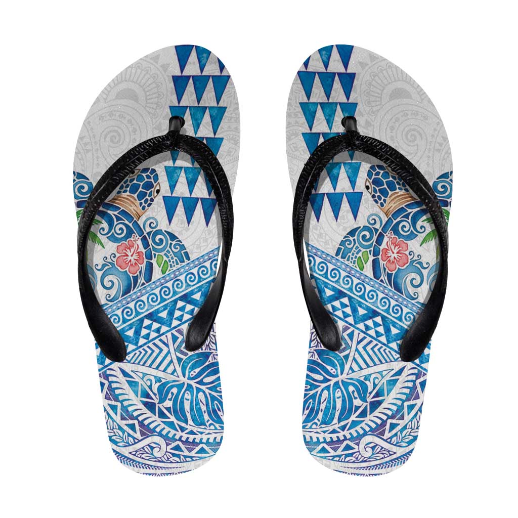 Hawaiian Abstract Sea Turtle Flip Flops Polynesian Tapa Art and Kakau Tattoo White WaterColor - Polynesian Pride