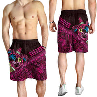 Hawaiian Abstract Sea Turtle Shorts for Men Polynesian Tapa Art and Kakau Tattoo Pink WaterColor - Polynesian Pride