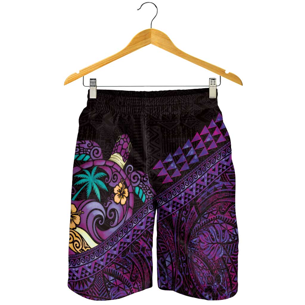 Hawaiian Abstract Sea Turtle Shorts for Men Polynesian Tapa Art and Kakau Tattoo Purple WaterColor - Polynesian Pride