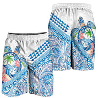 Hawaiian Abstract Sea Turtle Shorts for Men Polynesian Tapa Art and Kakau Tattoo White WaterColor - Polynesian Pride