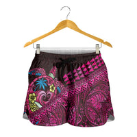 Hawaiian Abstract Sea Turtle Shorts for Women Polynesian Tapa Art and Kakau Tattoo Pink WaterColor - Polynesian Pride