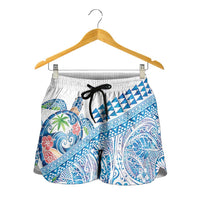 Hawaiian Abstract Sea Turtle Shorts for Women Polynesian Tapa Art and Kakau Tattoo White WaterColor - Polynesian Pride