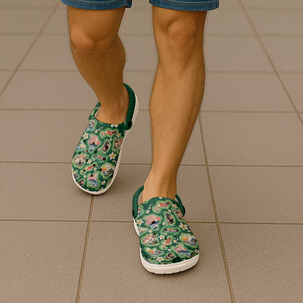 Hawaiian and Japanese Culture Together Clogs Shoes Hawaiian Island Shapes with Japanese Landscape Green Color