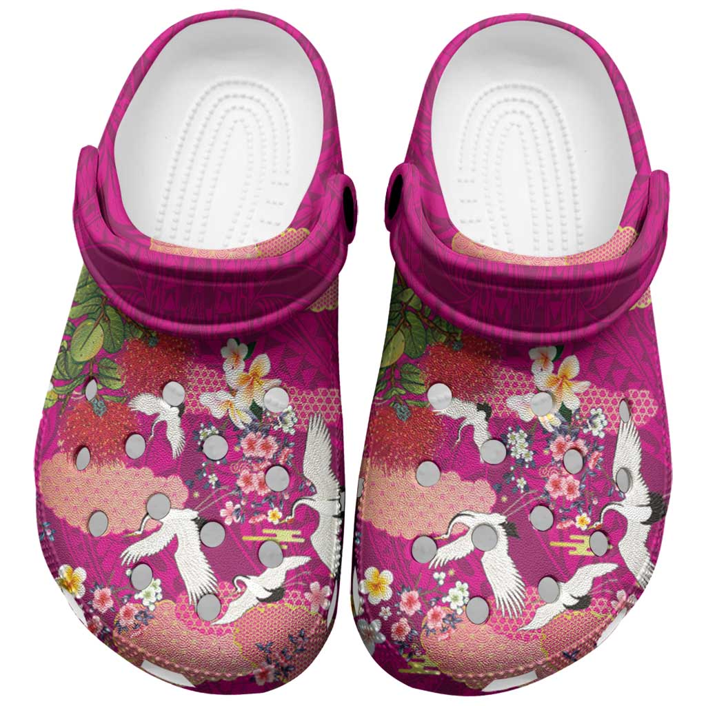 Hawaiian and Japanese Culture Together Clogs Shoes Pink Ohia Lehua Plumeria and Sakura Blooming - Polynesian Pride