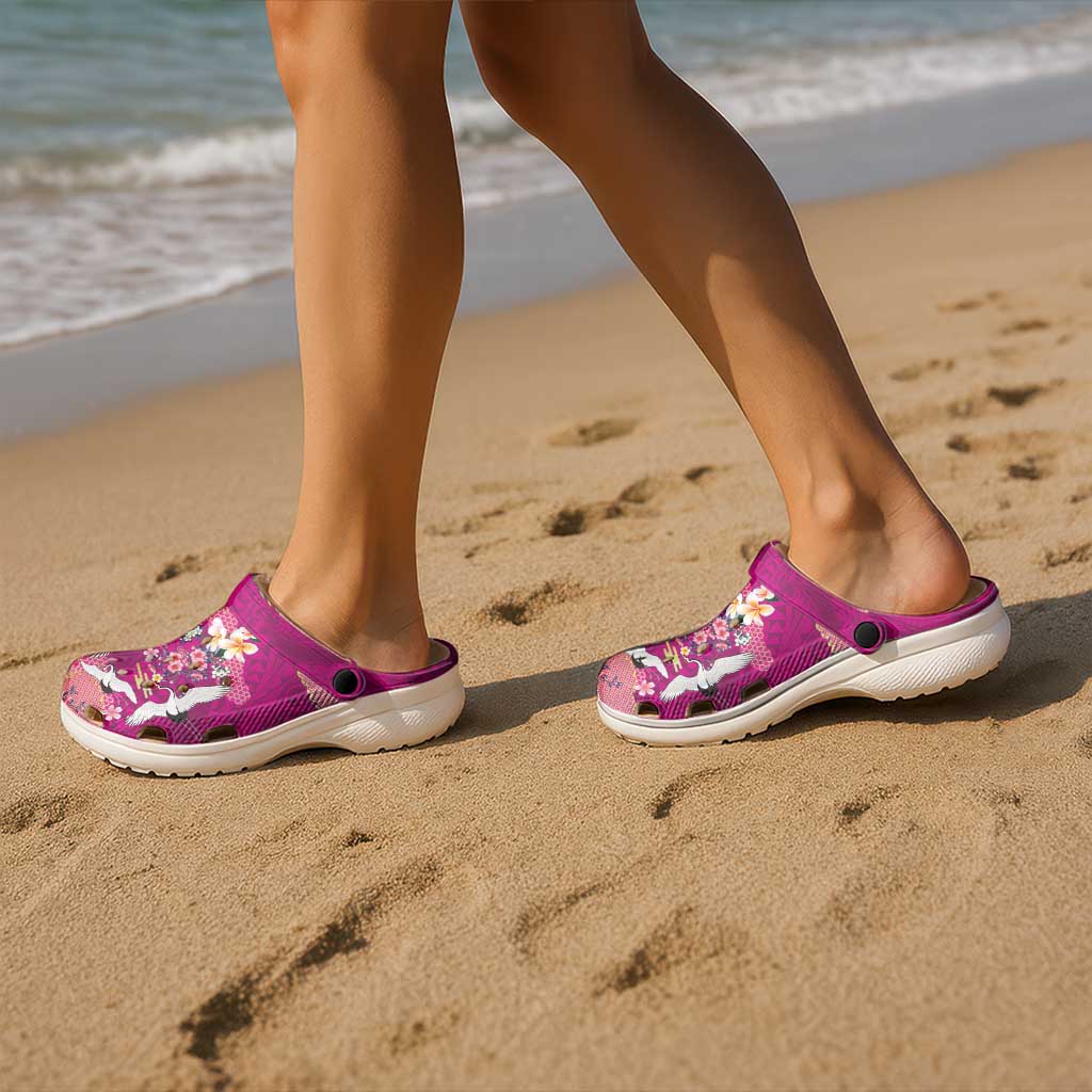 Hawaiian and Japanese Culture Together Clogs Shoes Pink Ohia Lehua Plumeria and Sakura Blooming - Polynesian Pride