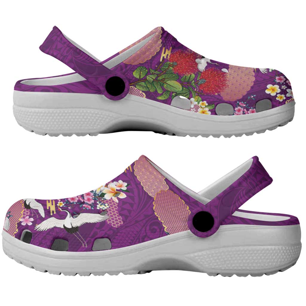 Hawaiian and Japanese Culture Together Clogs Shoes Purple Ohia Lehua Plumeria and Sakura Blooming - Polynesian Pride