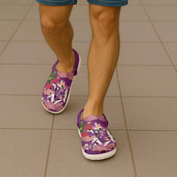 Hawaiian and Japanese Culture Together Clogs Shoes Purple Ohia Lehua Plumeria and Sakura Blooming - Polynesian Pride