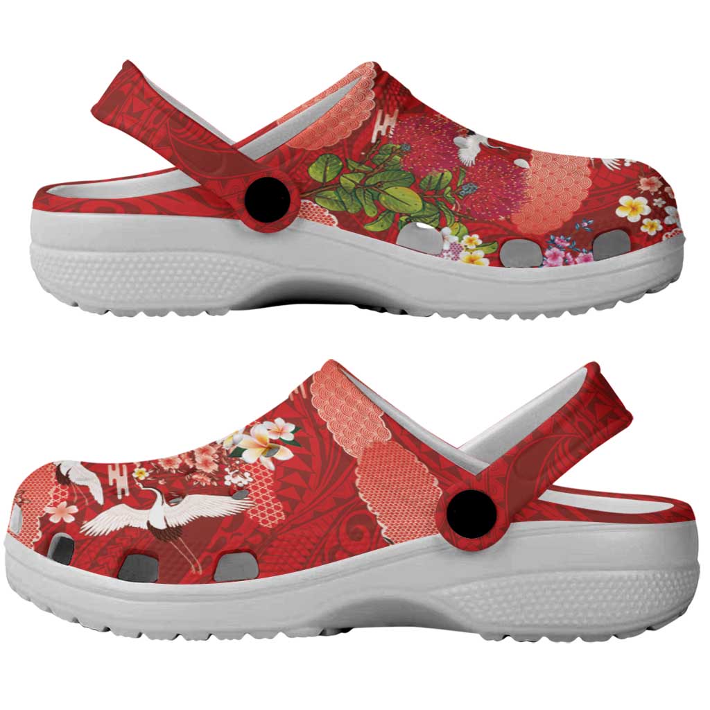 Hawaiian and Japanese Culture Together Clogs Shoes Red Ohia Lehua Plumeria and Sakura Blooming - Polynesian Pride