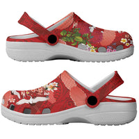 Hawaiian and Japanese Culture Together Clogs Shoes Red Ohia Lehua Plumeria and Sakura Blooming - Polynesian Pride