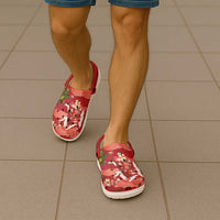 Hawaiian and Japanese Culture Together Clogs Shoes Red Ohia Lehua Plumeria and Sakura Blooming - Polynesian Pride