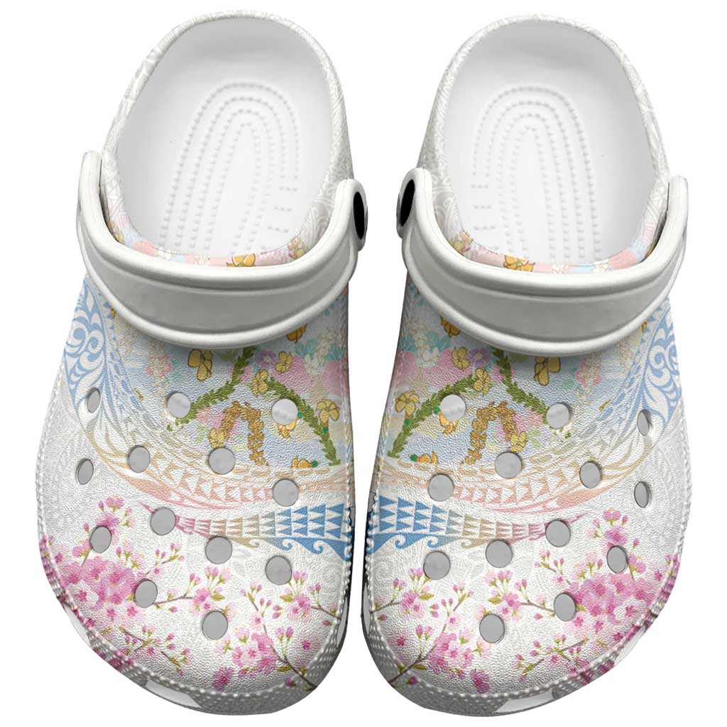 Hawaiian and Japanese Culture Together Clogs Shoes Tribal Motifs with Lei and Japanese Sakura Pattern LT03