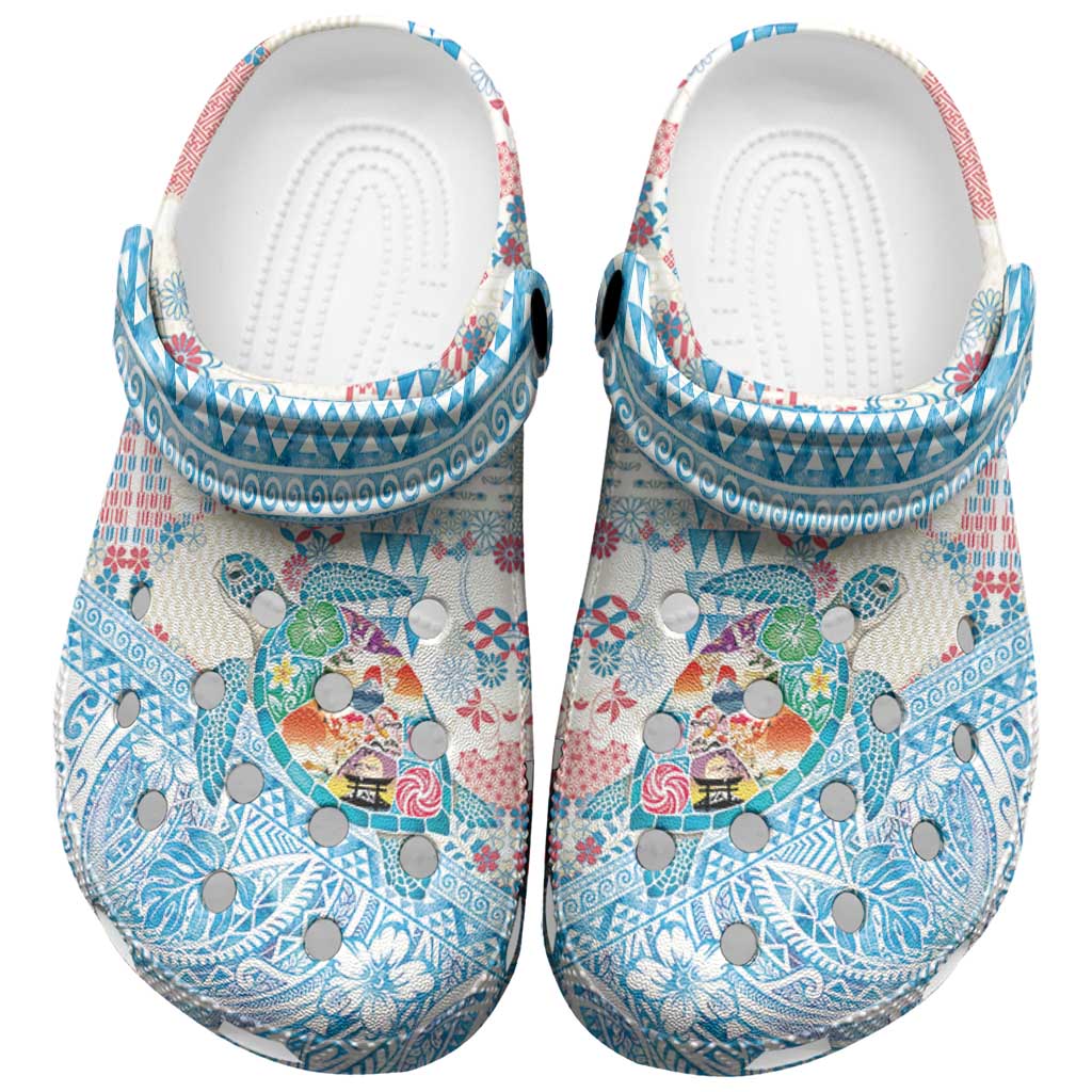 Hawaiian and Japanese Culture Together Clogs Shoes Tropical Honu with Japanese Elements Blue Color LT03