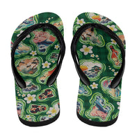 Hawaiian and Japanese Culture Together Flip Flops Hawaiian Island Shapes with Japanese Landscape Green Color