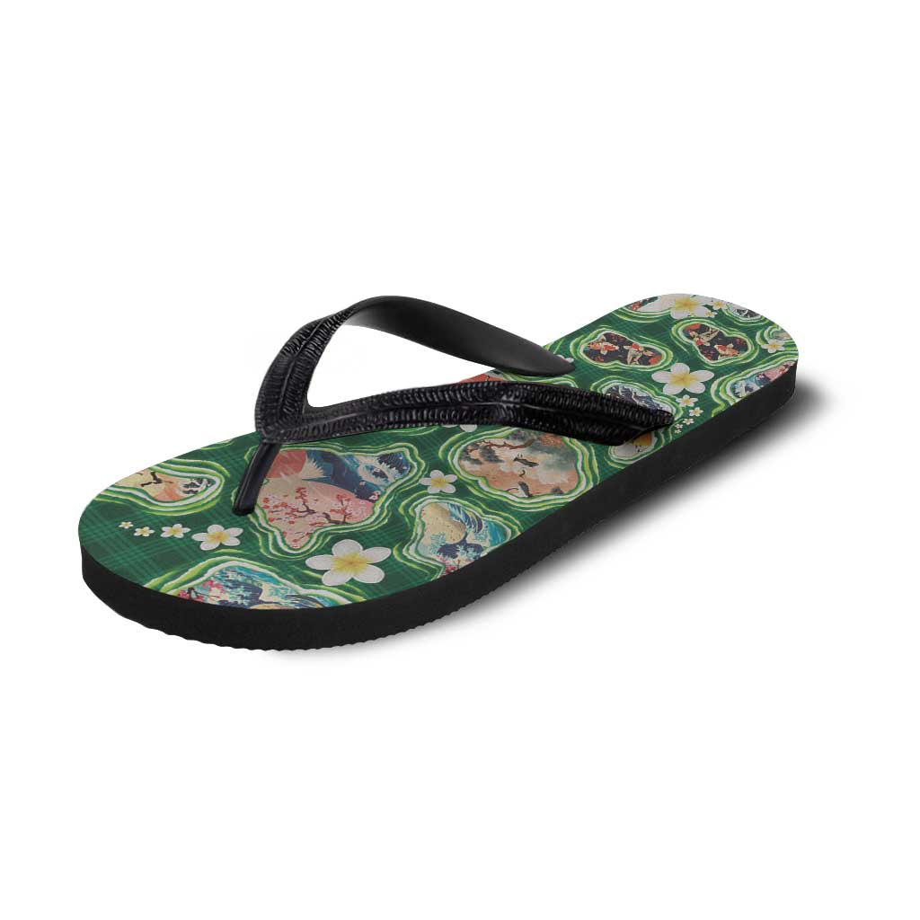 Hawaiian and Japanese Culture Together Flip Flops Hawaiian Island Shapes with Japanese Landscape Green Color