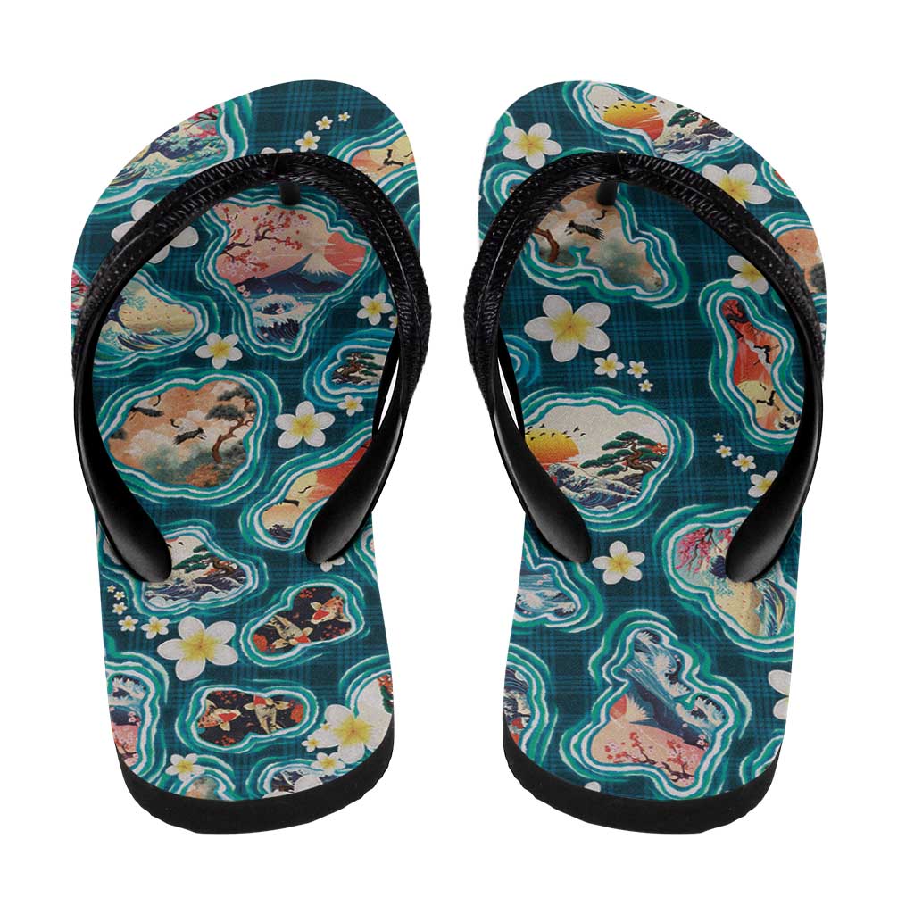 Hawaiian and Japanese Culture Together Flip Flops Hawaiian Island Shapes with Japanese Landscape Teal Color