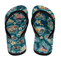 Hawaiian and Japanese Culture Together Flip Flops Hawaiian Island Shapes with Japanese Landscape Teal Color