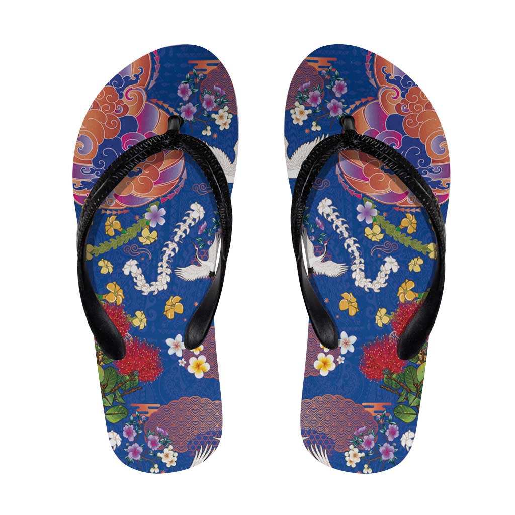 Hawaiian and Japanese Culture Together Flip Flops Kakau Tribal Pattern and Irezumi Art Blue Color